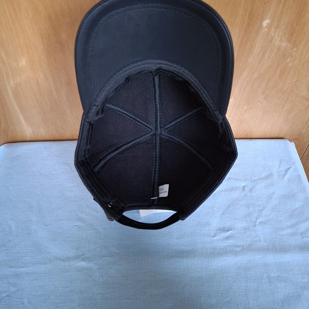 NEW Black Leather Baseball Hat Adjustable Back Strap with Removeable Fur Pom Pom - Picture 5 of 7